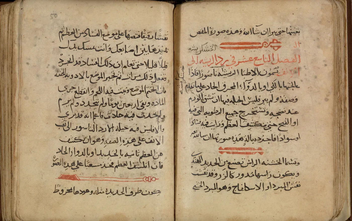 Uppslagen bok med två sidor tät arabisk skrift i svart bläck; röda rubriker och avlånga instrument ritade i rött mellan raderna.