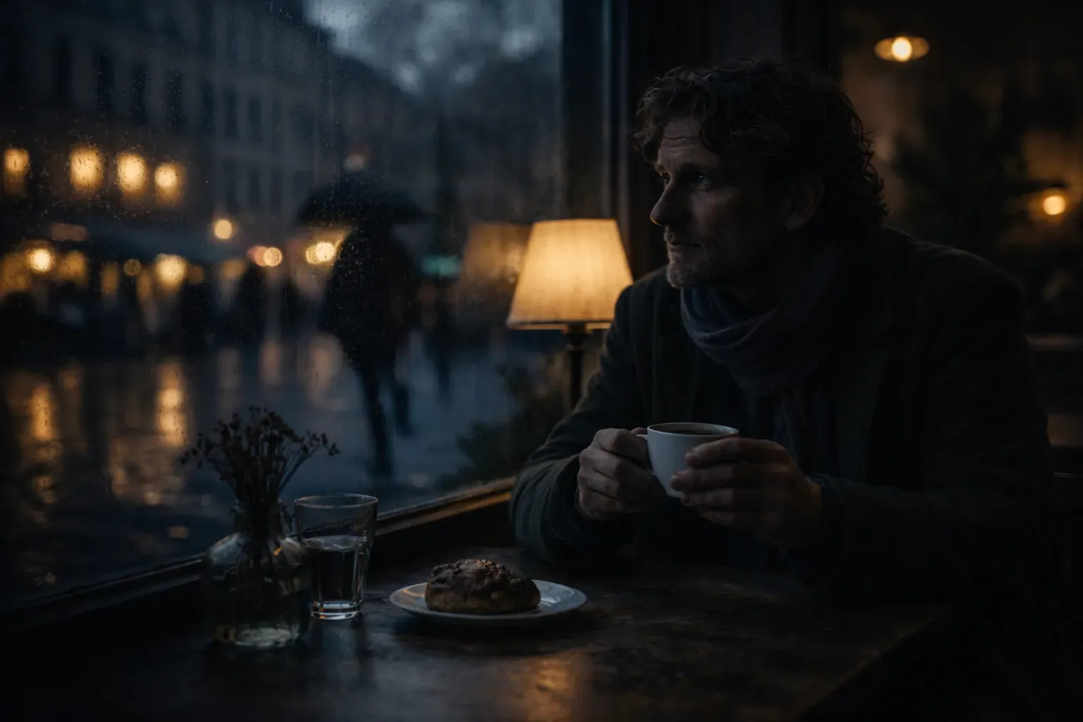 Medelålders man med halsduk sitter ensam vid ett regnigt kaféfönster om kvällen och blickar ut, kaffekoppen i händerna.