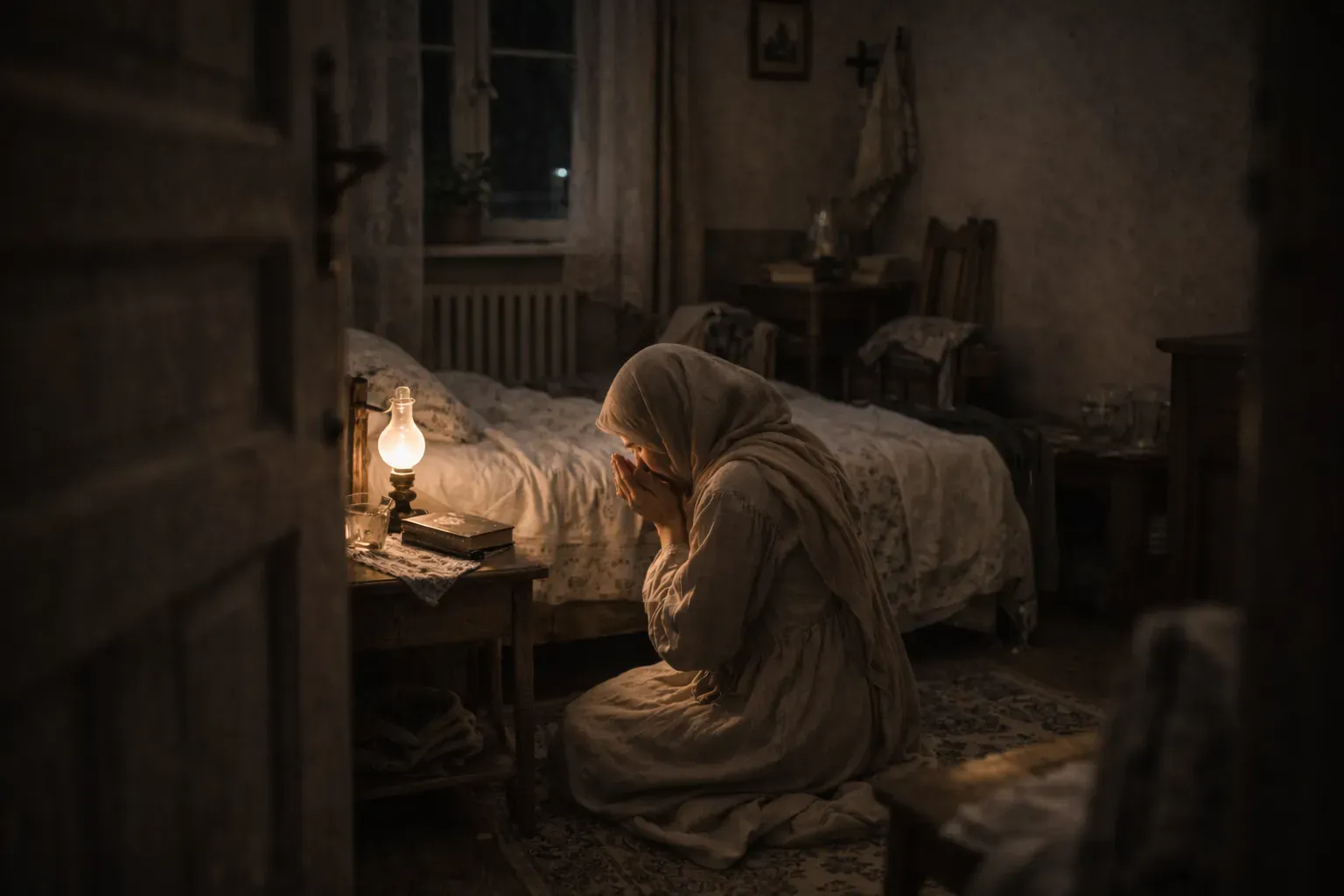 Kvinna i sjal knäböjer i bön vid en fotogenlampa i ett dunkelt rum om natten, med en uppslagen bok på bordet.